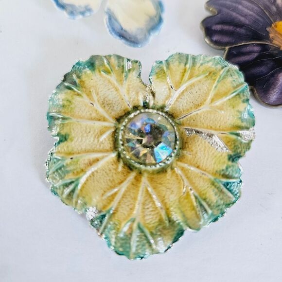 Vintage Set Of 3 Enameled Rhinestone Floral Flower Brooch Pins Kenneth Cole KC - Picture 4 of 10